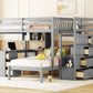 Full Over Twin Bunk Bed with Desk, Drawers and Shelves, Gray
