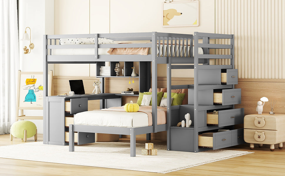 Full Over Twin Bunk Bed with Desk, Drawers and Shelves, Gray