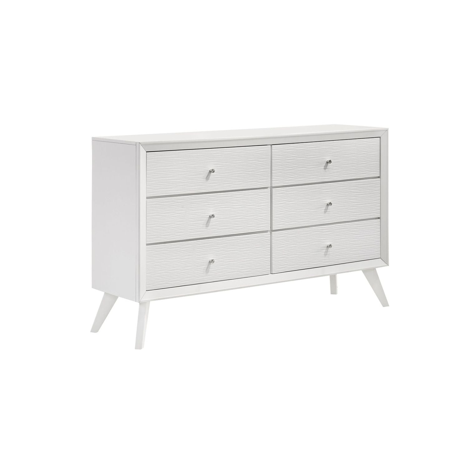 1 Piece Dresser With Angled Legs, Wave Texture And Round Knobs - White