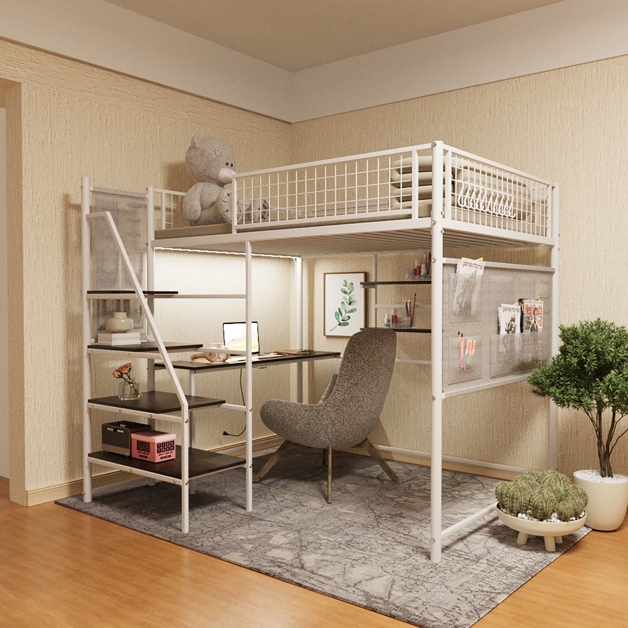 Metal Loft Bed With Built - In Charging Station And LED Light