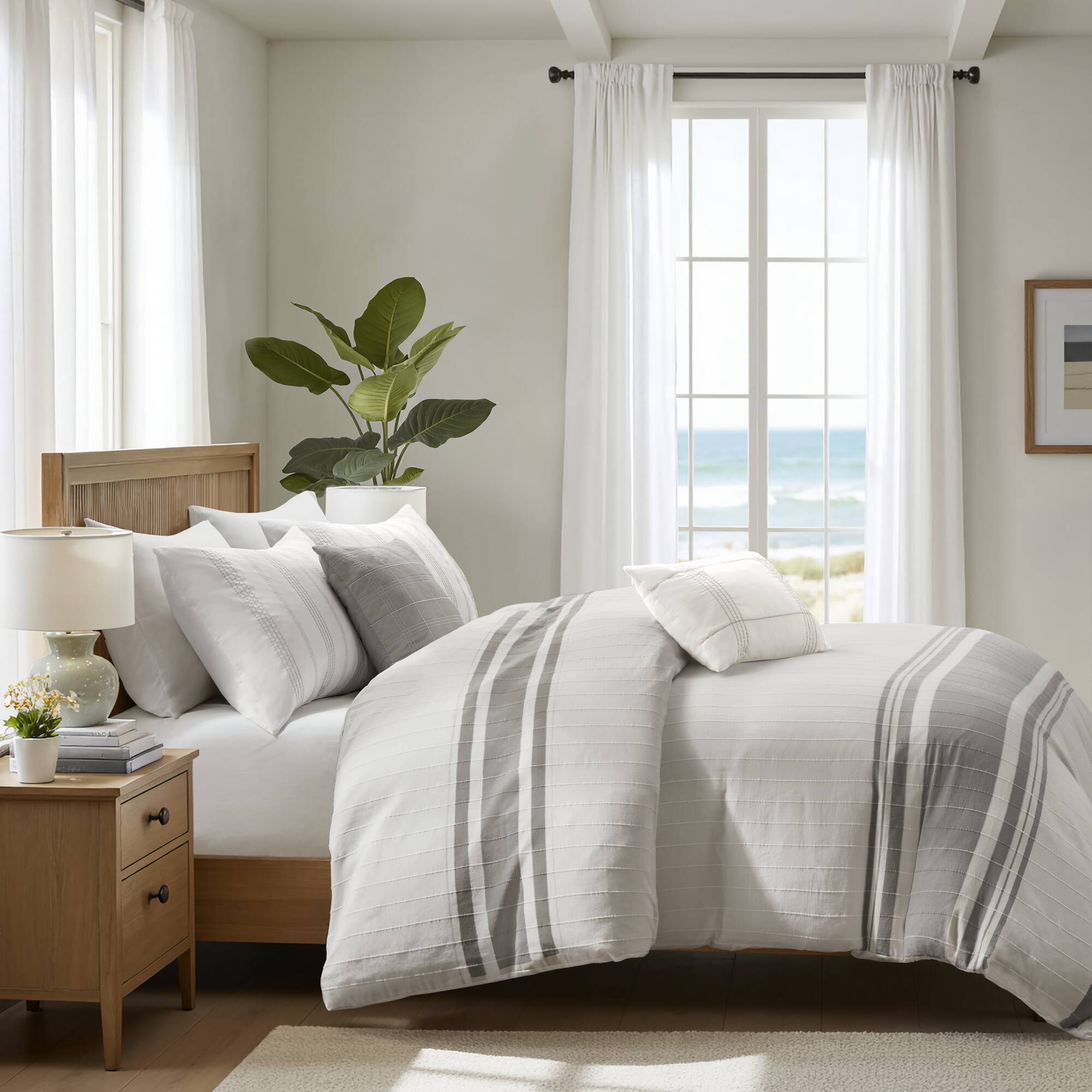 Morgan - King 5 Piece Jaquard Duvet Set - White / Gray