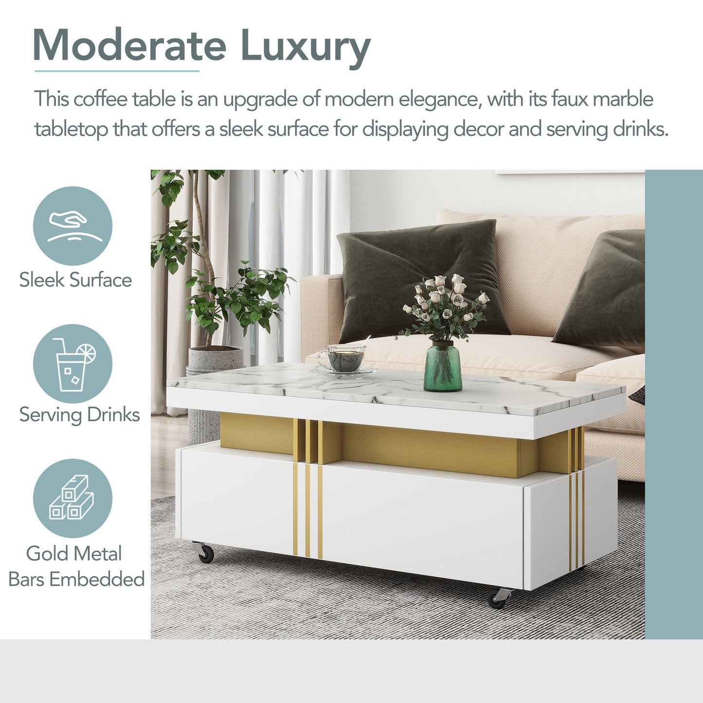 Contemporary Coffee Table with Faux Marble Top, Rectangle Cocktail Table with Caster Wheels, Moderate Luxury Center Table with Gold Metal Bars for Living Room, White