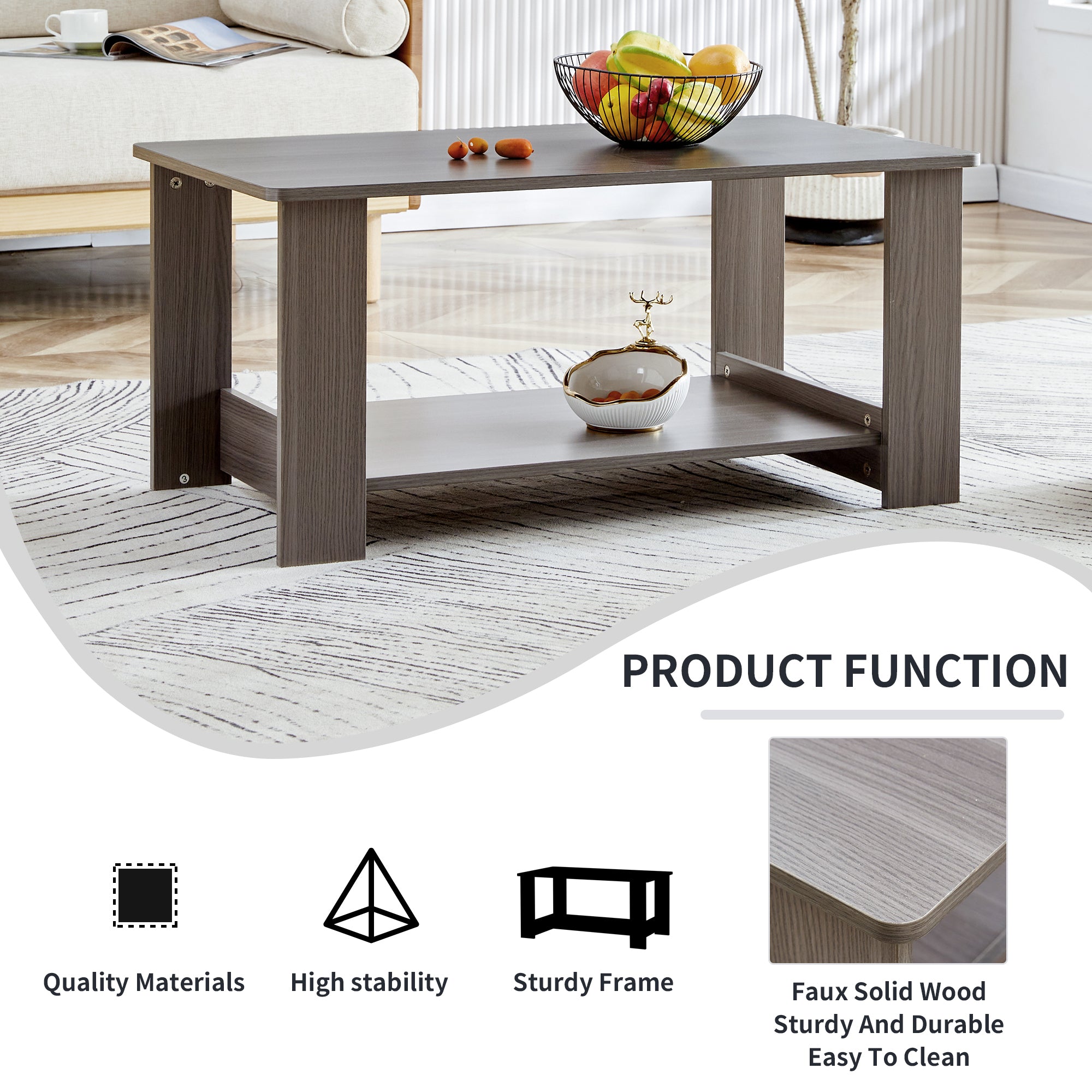 Modern minimalist gray wood grain double layered rectangular coffee table,tea table.MDF material is more durable,Suitable for living room, bedroom, and study room.19.6"*35.4"*16.5" CT-16