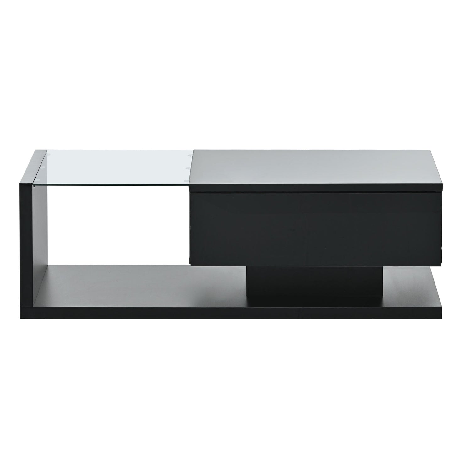 Modern Coffee Table with Tempered Glass, Wooden Cocktail Table with High-gloss UV Surface, Modernist 2-Tier Rectangle Center Table for Living Room, Black