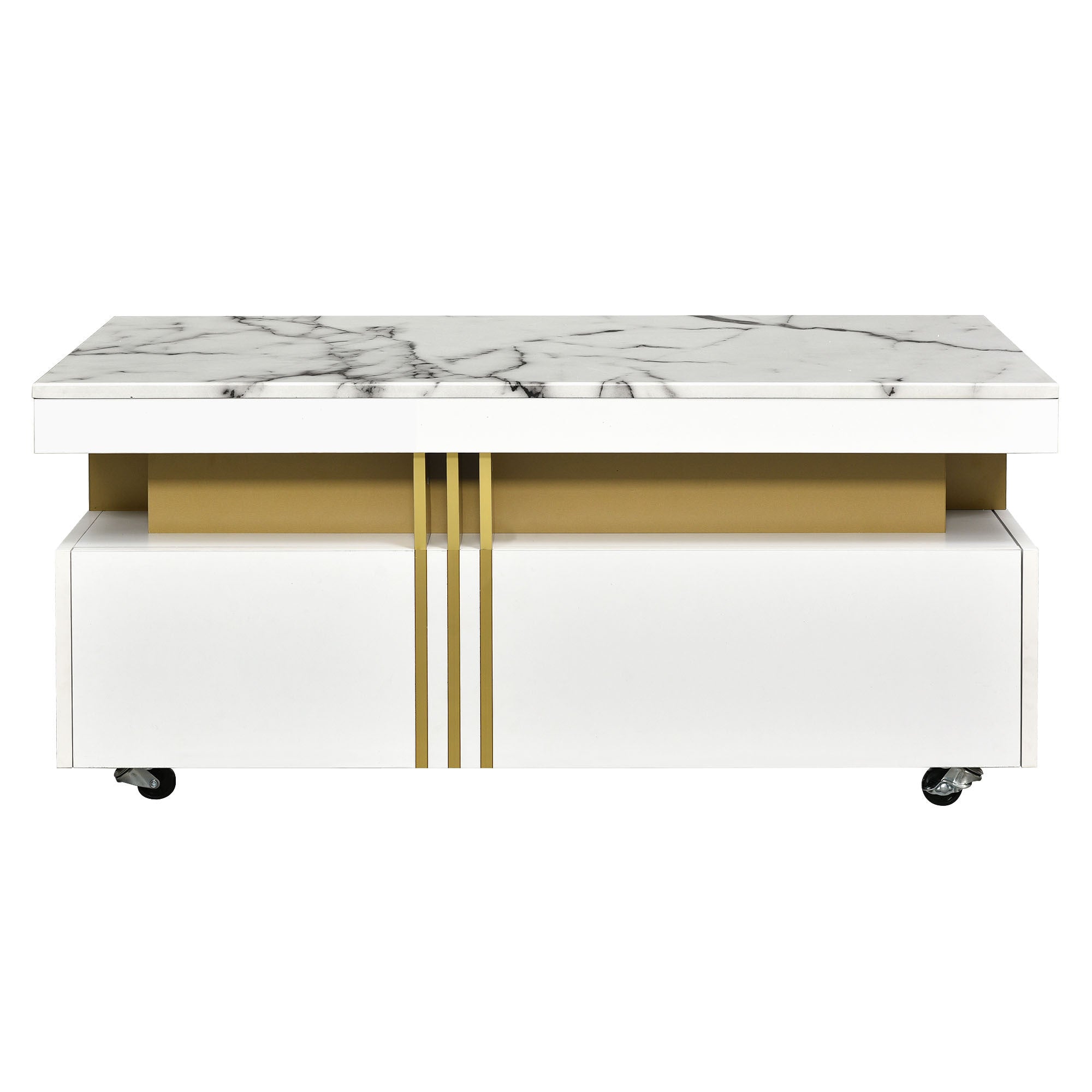 Contemporary Coffee Table with Faux Marble Top, Rectangle Cocktail Table with Caster Wheels, Moderate Luxury Center Table with Gold Metal Bars for Living Room, White