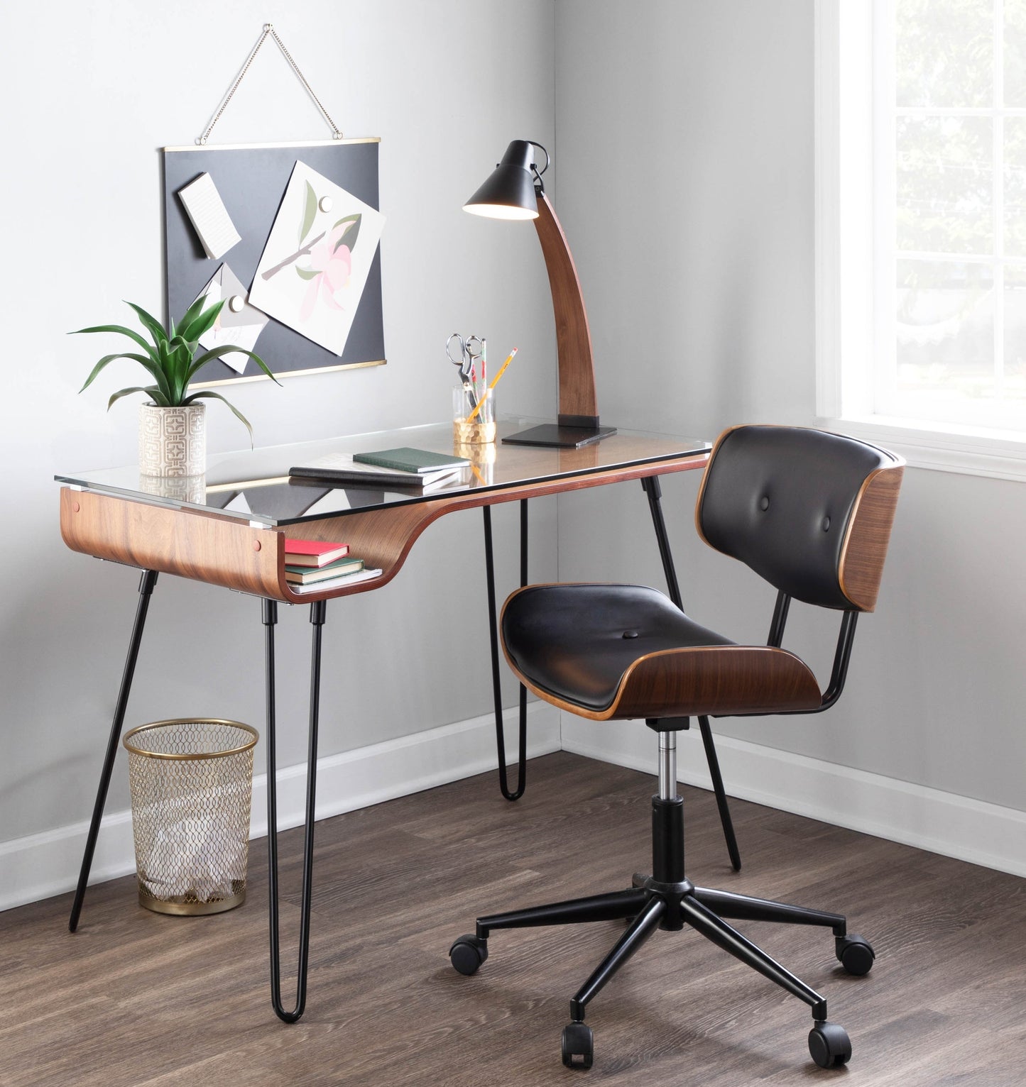 Avery Mid-Century Modern Desk in Walnut Wood, Clear Glass, and Black Metal by LumiSource