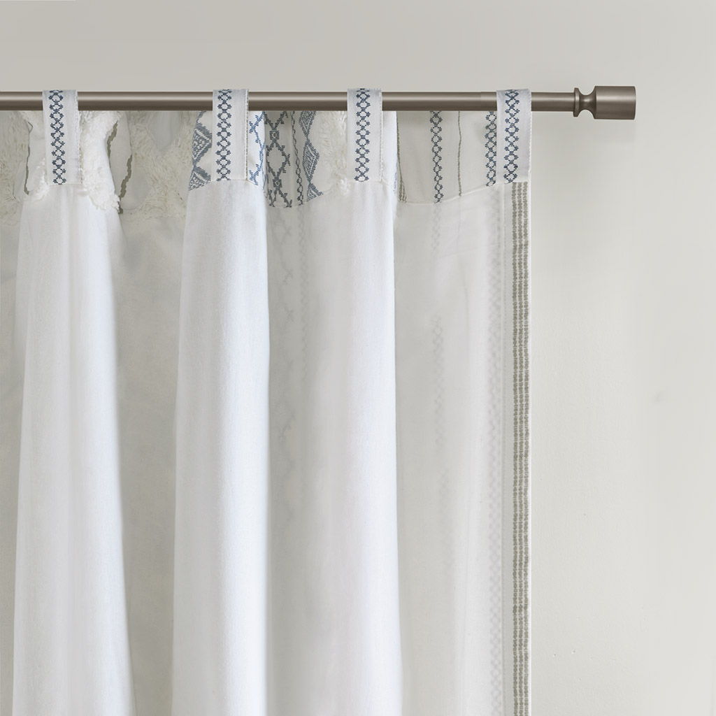 Imani - Cotton Printed Curtain Panel With Chenille Stripe and Lining - White / Navy