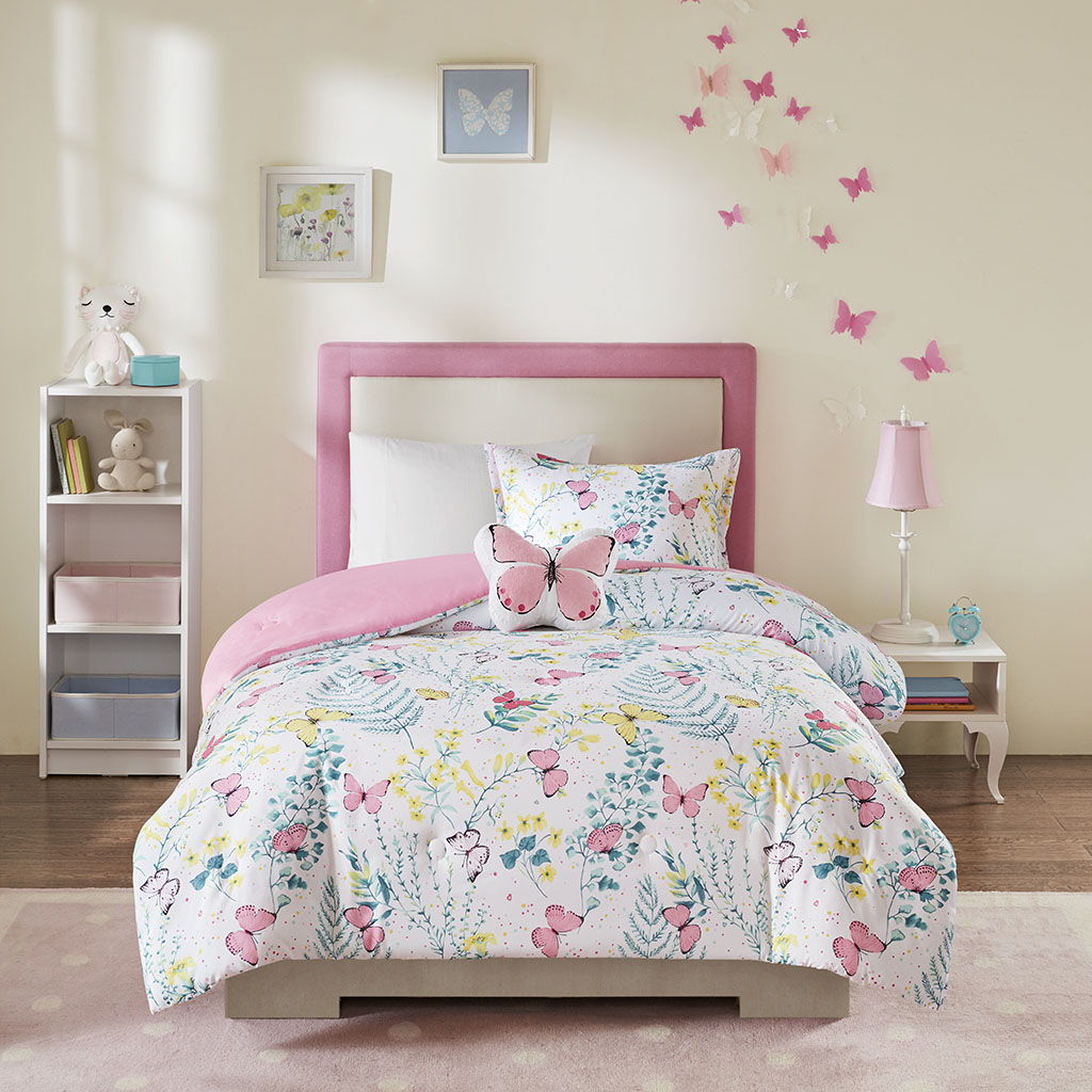 Cynthia - Twin Printed Butterfly Comforter Set - Pink