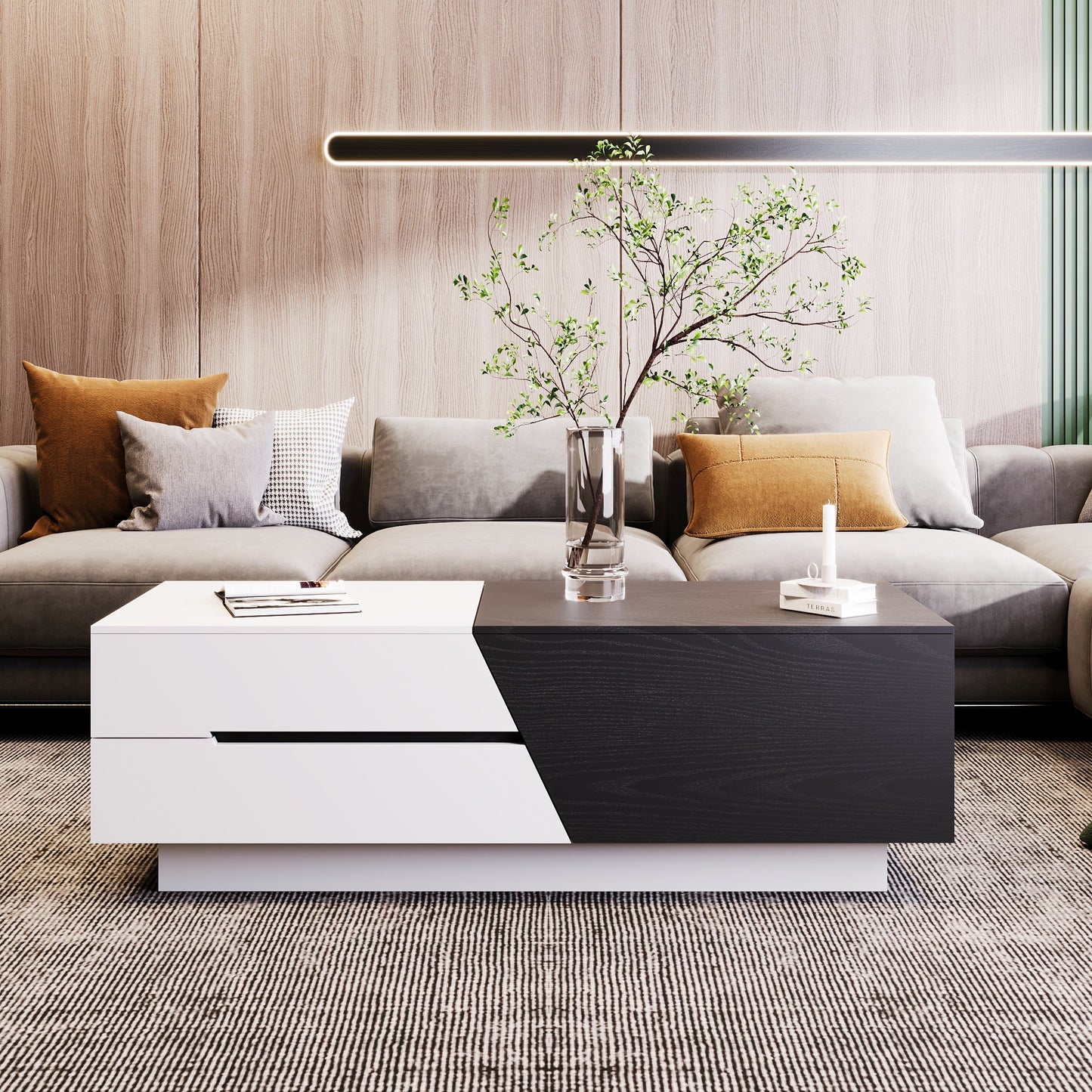 Modern Extendable Sliding Top Coffee Table with Storage in White&Black