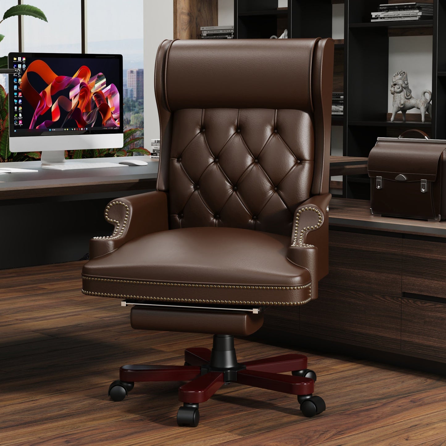 330LBS Executive Office Chair with Footstool, Ergonomic Design High Back Reclining Comfortable Desk Chair - Brown