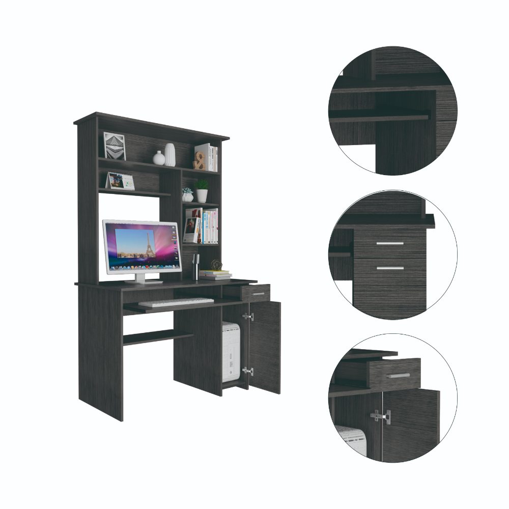 Compu 180 Hutch Desk, Multiple Shelves, Retractable Keyboard Tray, CPU Door Panel, One Drawer, Grey Oak -Smokey Oak