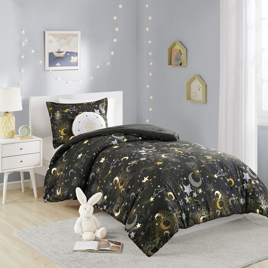 Celia - Starry Sky Metallic Comforter Set With Throw Pillow - Charcoal / Gold