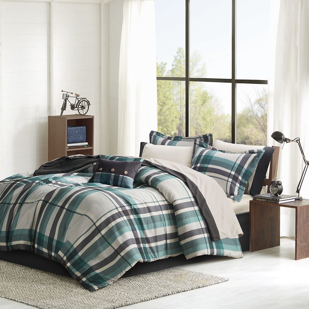 Robbie - 9 Piece Queen Plaid Comforter Set With Bed Sheets - Teal / Black