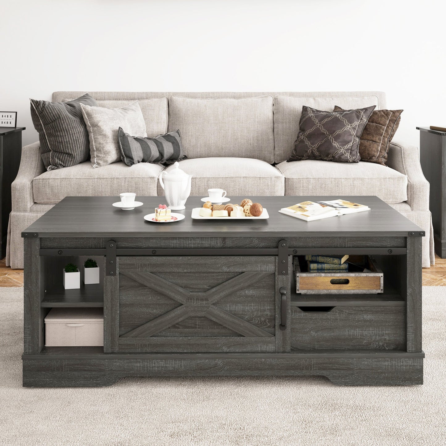 Farmhouse Sliding Barn Door Coffee Storage Large Rectangular Table - Dark Gray