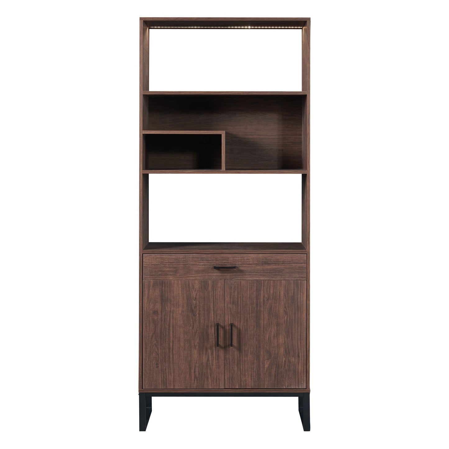 75.9"Modern Open Bookshelf Suite with Doors, Bookcase Suite with Storage drawers and LED Strip Lights,Free Standing Display Rack,Wooden Tall Bookshelf Suite for Living Room and Office, Walnut