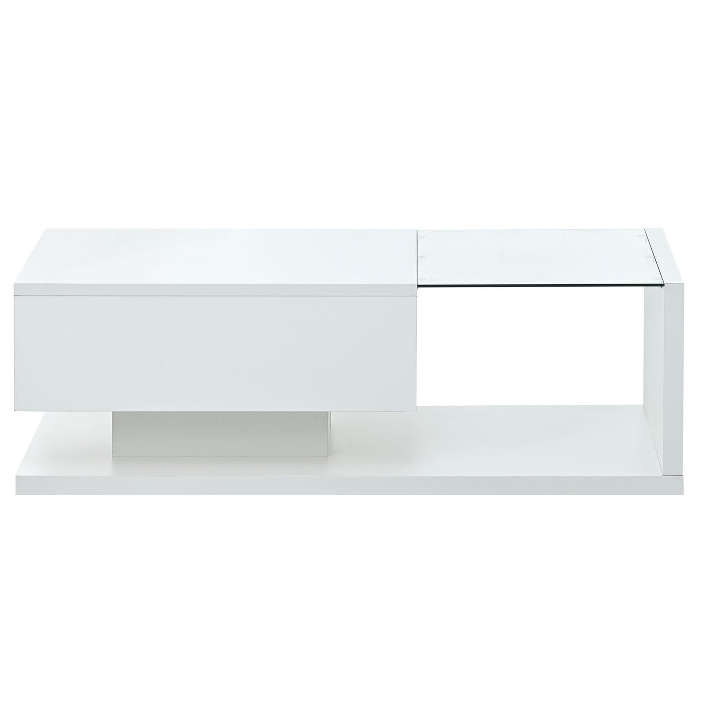 Modern Coffee Table with Tempered Glass, Wooden Cocktail Table with High-gloss UV Surface, Modernist 2-Tier Rectangle Center Table for Living Room, White