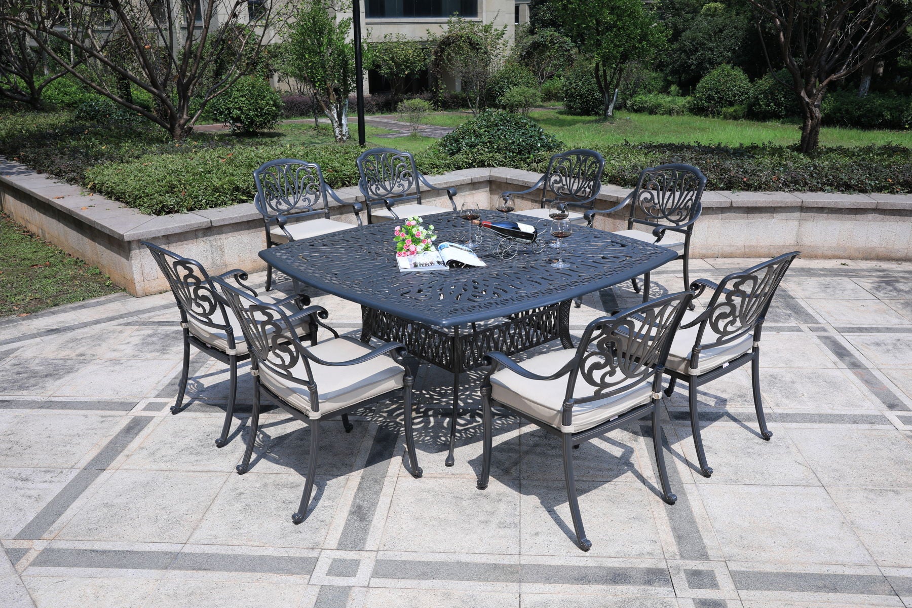 Square 8 Person 64" Long Aluminum Dining Set With Cushions