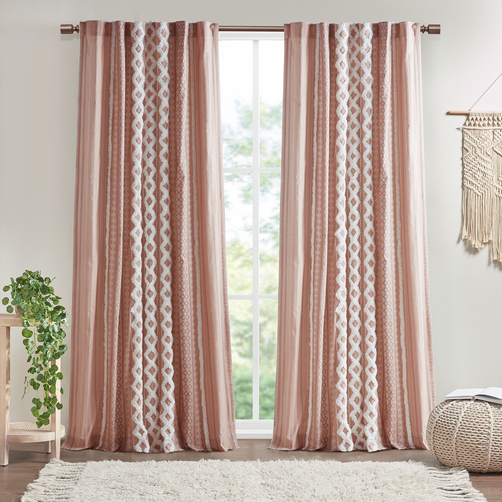 Imani - Printed Curtain Panel With Chenille Stripe And Lining - Blush