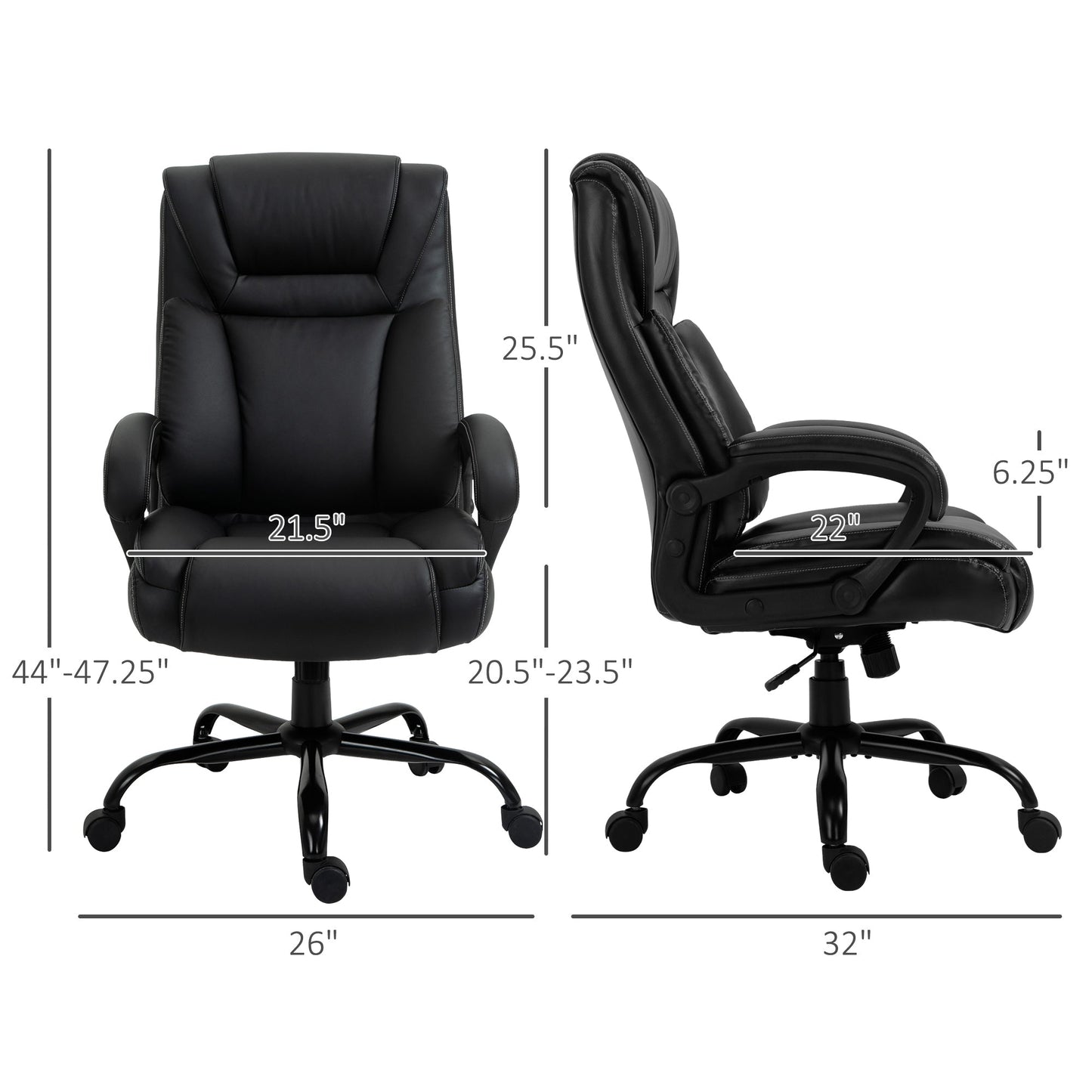 Big and Tall 400lbs Executive Office Chair with Wide Seat, Computer Desk Chair with High Back PU Leather Ergonomic Upholstery, Adjustable Height and Swivel Wheels, Black