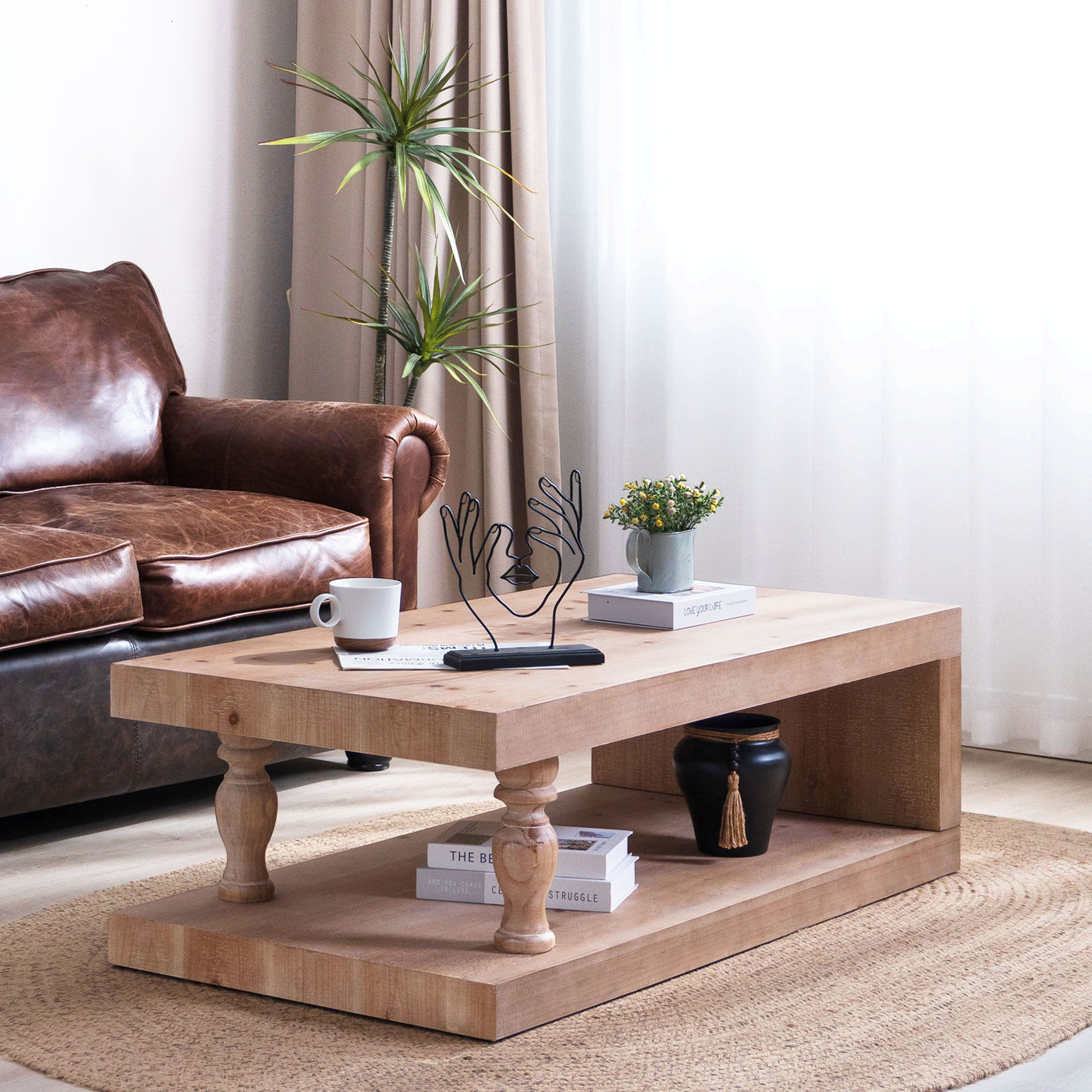 Rustic Solid Wood Coffee Table With Open Shelf, Modern Farmhouse Design - Light Natural / Natural