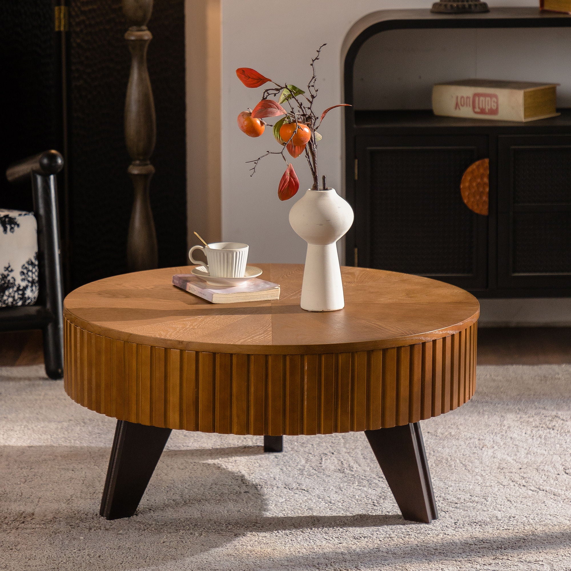 Round Retro Coffee With Solid Wood Legs