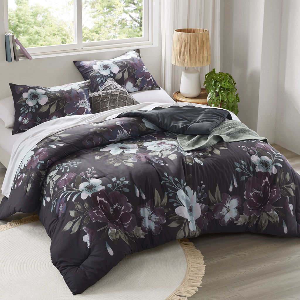 Jolene - 3 Piece Full/Queen Printed Comforter Set - Dark Gray/Plum