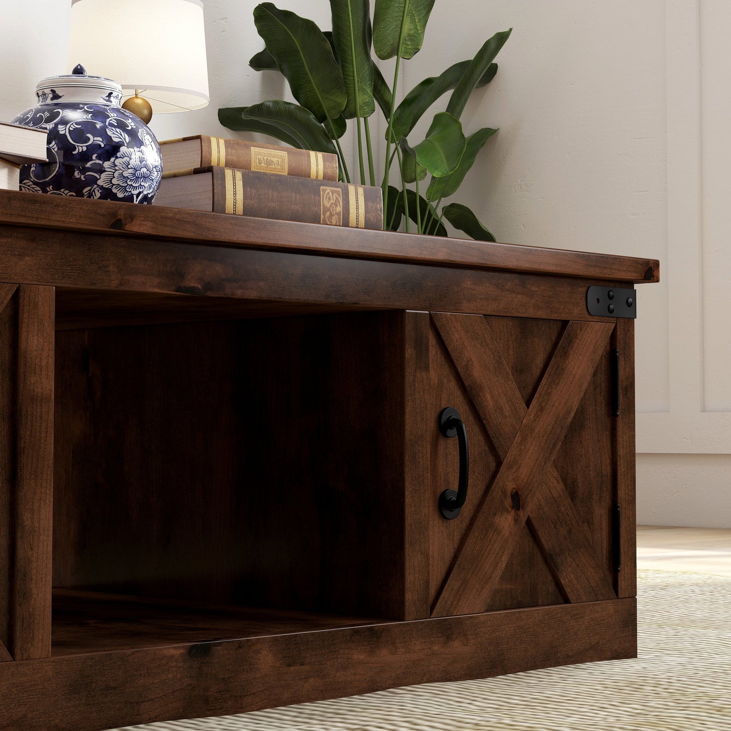 Bridgevine Home Farmhouse 48 inch Coffee Table, No Assembly Required, Aged Whiskey Finish