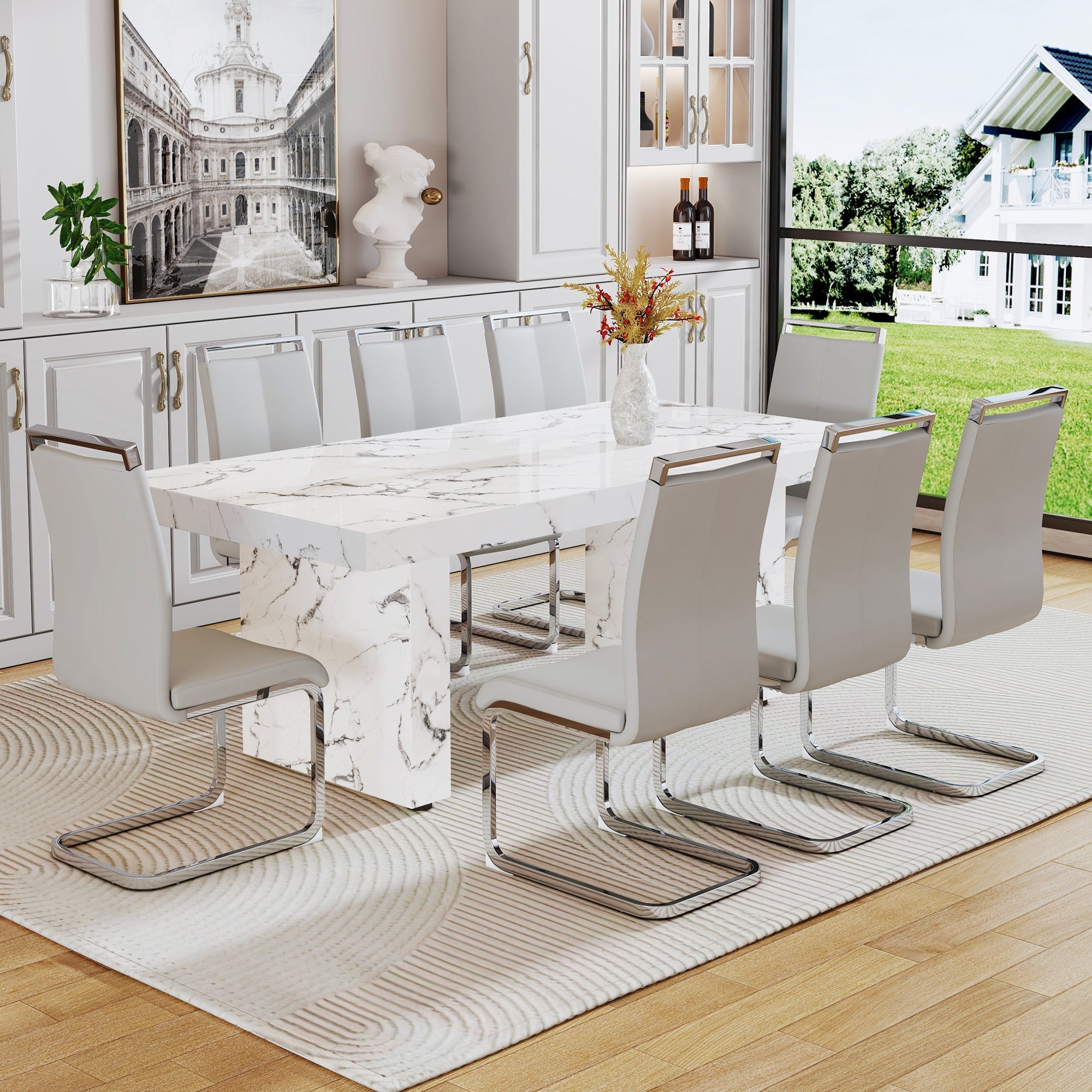 Modern rectangular dining table, office desk. MDF material. The white kitchen dining table has patterns and is suitable for 8-10 people.