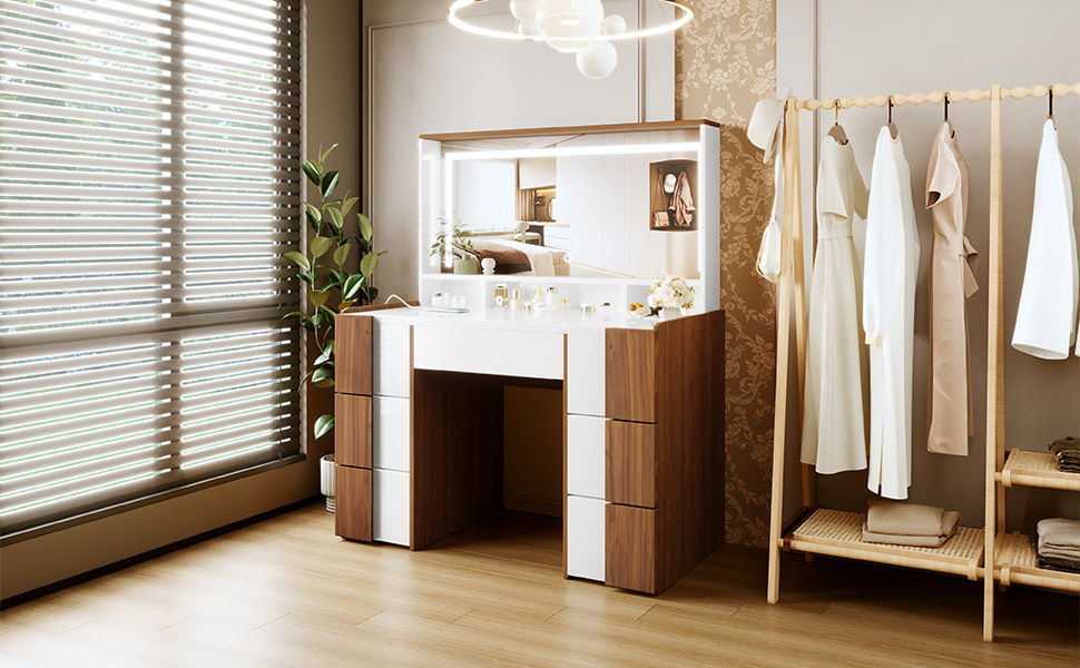 Elegant Vanity Table With Large Lighted Mirror & Power Outlet, Dressing Table With 7 Drawers & Shelves, Vanity Desk With Brown Solid Wood Style Stickers - Brown / White