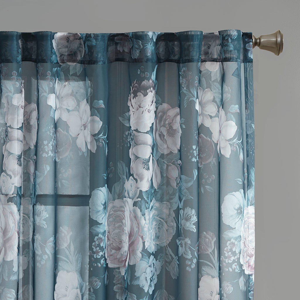Printed Floral Rod Pocket and Back Tab Voile Sheer Curtain