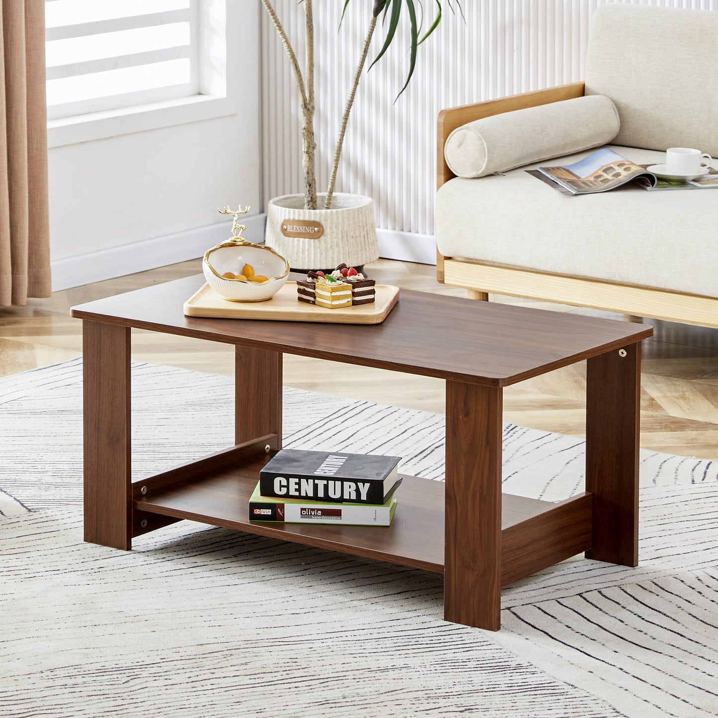Modern minimalist walnut colored double layered rectangular coffee table ,tea table.MDF material is more durable,Suitable for living room, bedroom, and study room.19.6"*35.4"*16.5"  CT-16