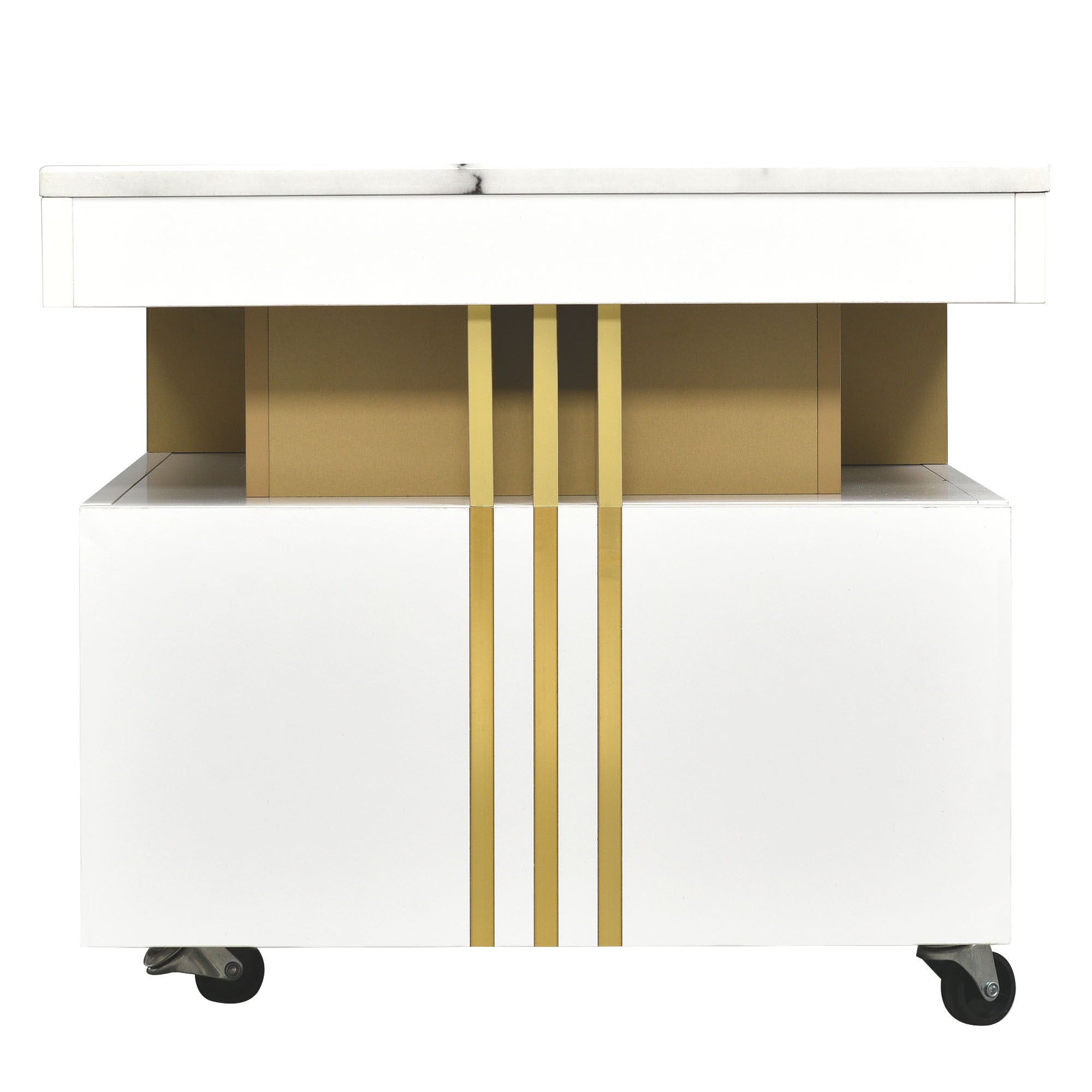 Contemporary Coffee Table with Faux Marble Top, Rectangle Cocktail Table with Caster Wheels, Moderate Luxury Center Table with Gold Metal Bars for Living Room, White