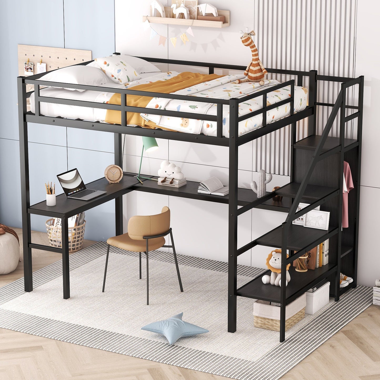 Full Size Loft Bed with L-shaped Desk and USB, Metal Loft Bed with Wardrobe and Adjustable Shelf, High Loft Bed with LED for Kids Teens Adults, Black