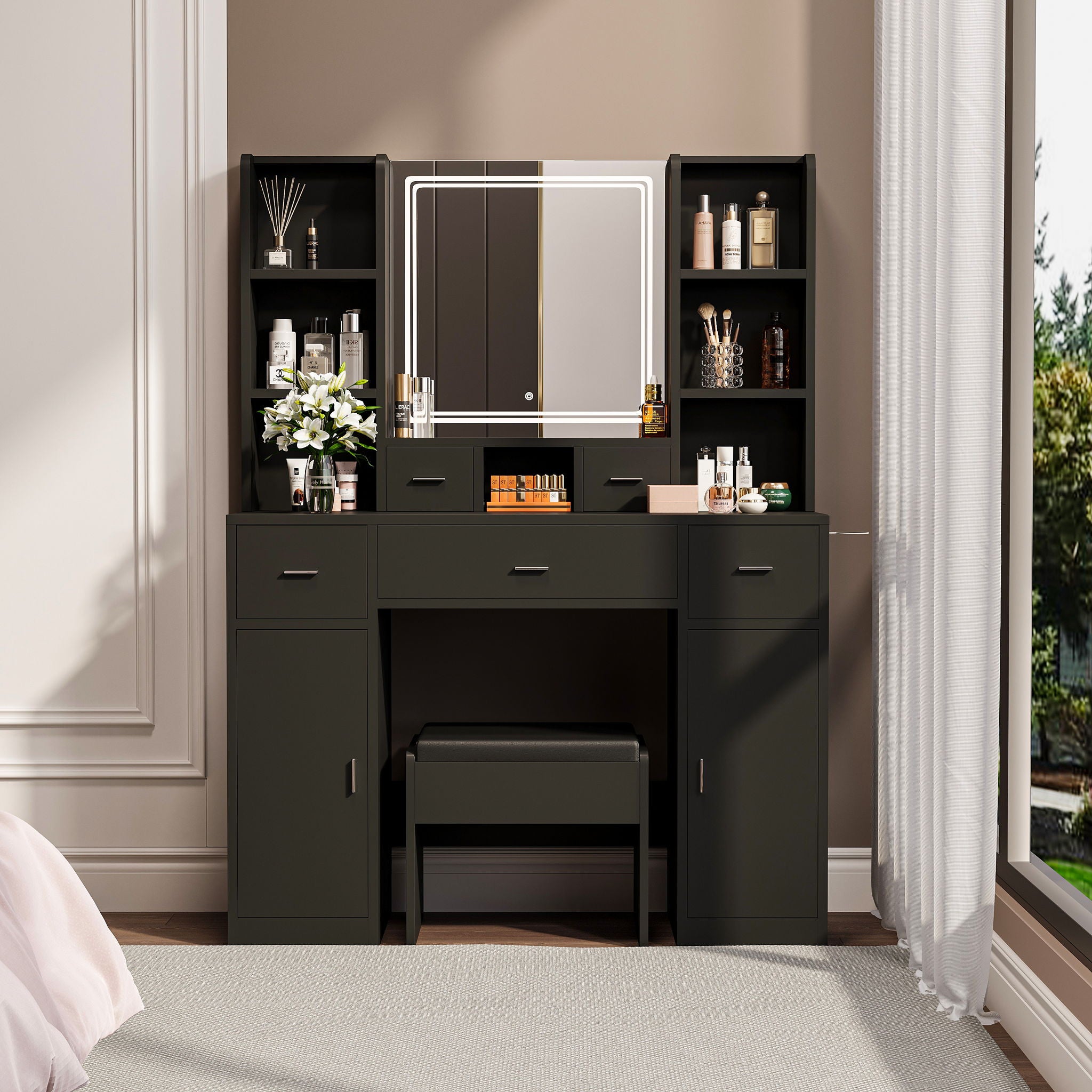 Newly Designed Smart Mirror Dressing Table With Drawers And Storage Cabinet, Dressing Table With Dressing Pad For Bedroom - Black