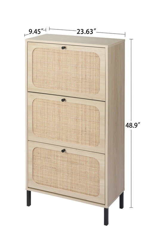 Natural  Rattan 3 Door Shoe Rack, Freestanding Modern Shoe Storage Cabinet, for Entryway