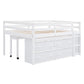 Full Size Loft Bed with Retractable Writing Desk and 4 Drawers, Wooden Loft Bed with Lateral Portable Desk and Shelves, White