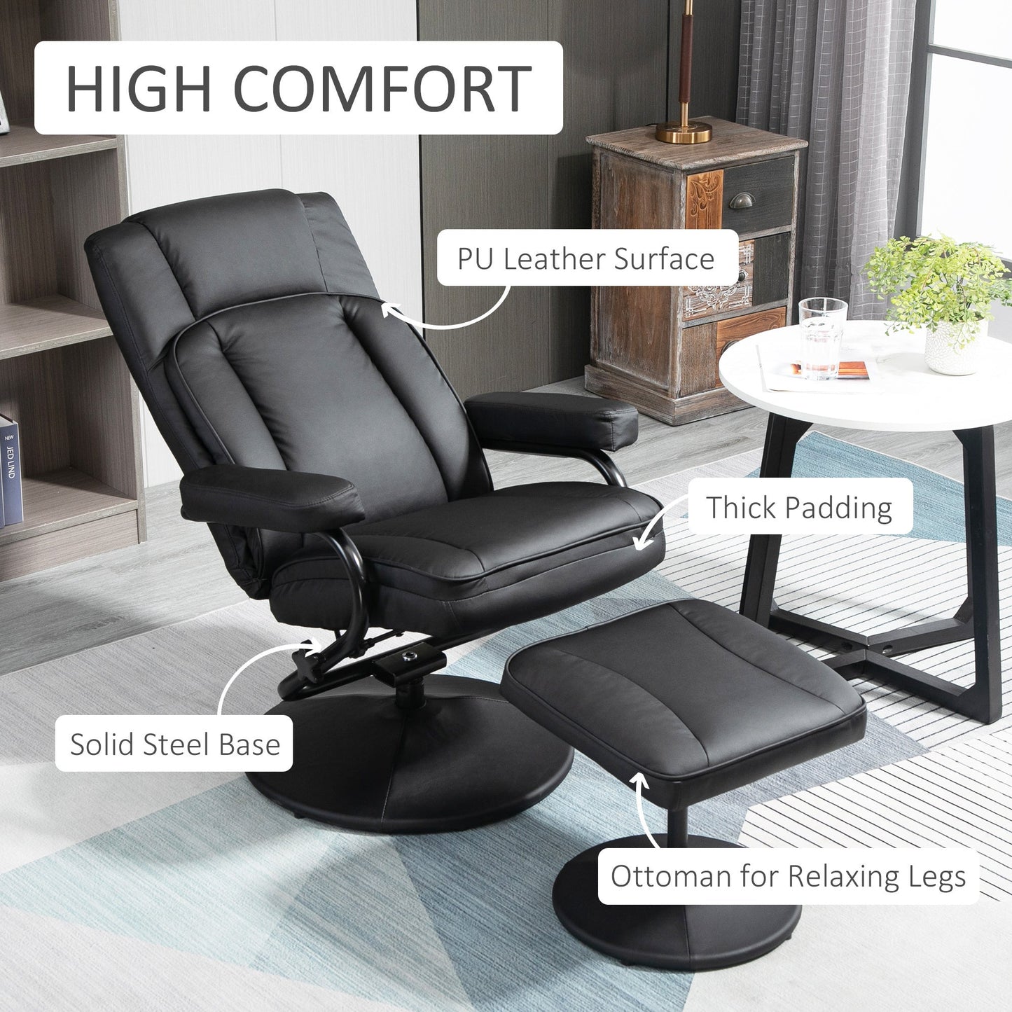 HOMCOM Swivel Recliner, Manual PU Leather Armchair with Ottoman Footrest for Living Room, Office, Bedroom, Black