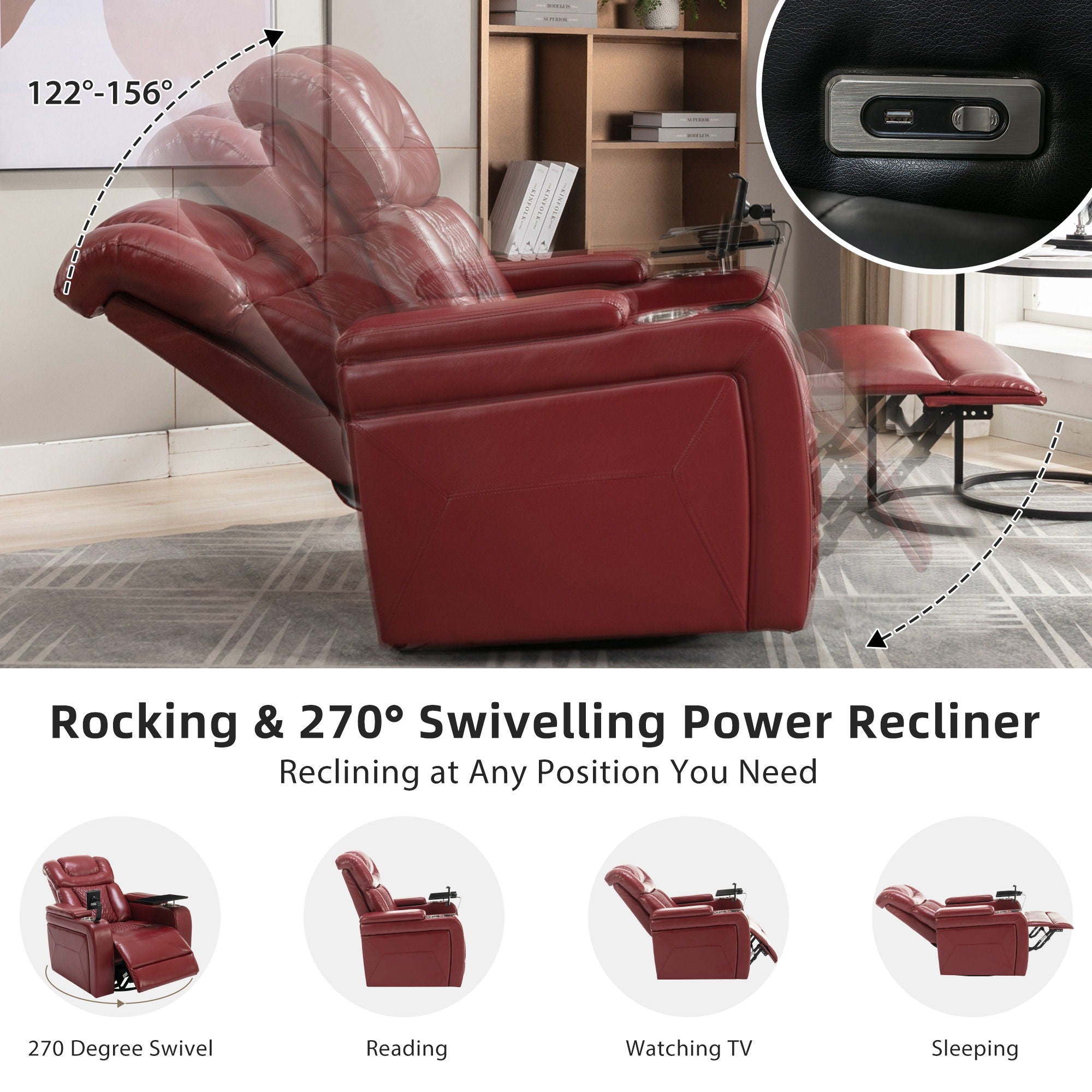 270° Swivel Power Recliner Individual Seat Home Theater Recliner With Comforable Backrest, Tray Table, Phone Holder, Cup Holder, USB Port, Hidden Arm Storage For Living Room