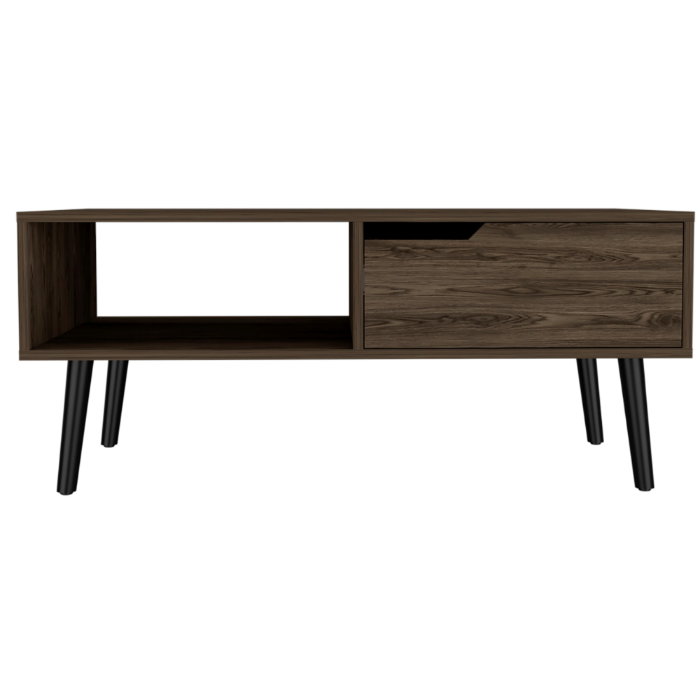 Oslo Coffee Table, One Drawer, One Open Shelf, Four Legs -Dark Walnut