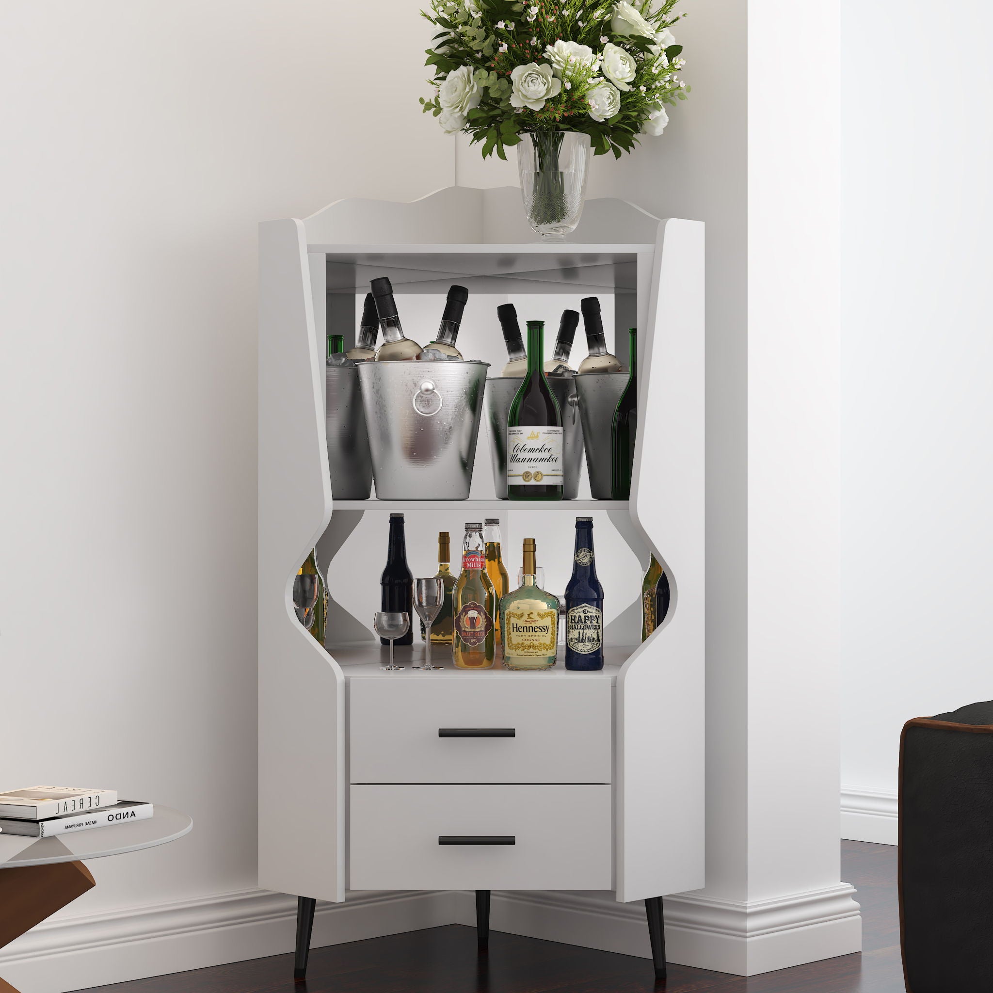 Corner Bar Cabinet With Mirrored Back, 2 Open Shelves & 2 Drawers, High Legs For Easy Cleaning