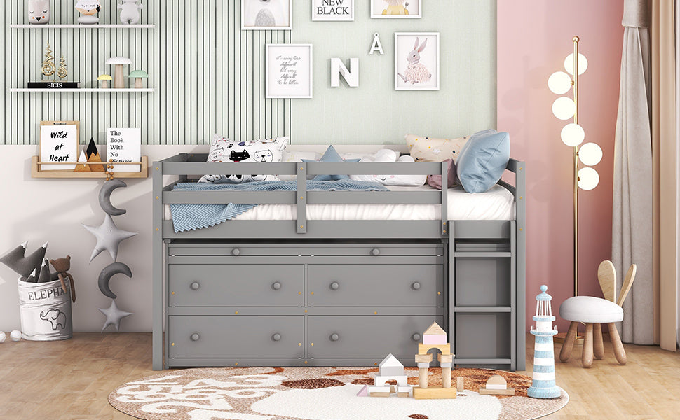 Full Size Loft Bed with Retractable Writing Desk and 4 Drawers, Wooden Loft Bed with Lateral Portable Desk and Shelves, Gray