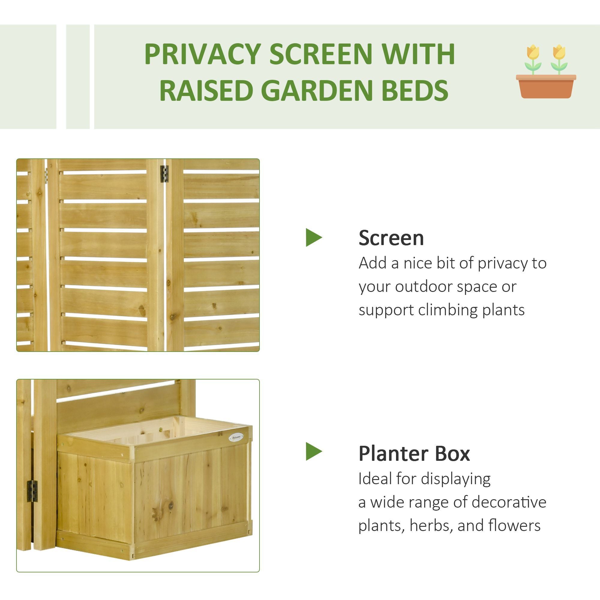 Outsunny - Freestanding Outdoor Privacy Screen, 4 Self-Draining Planters / Raised Garden Beds, 3 Hinged Panels For Hot Tub, Patio, Backyard, Deck - Natural