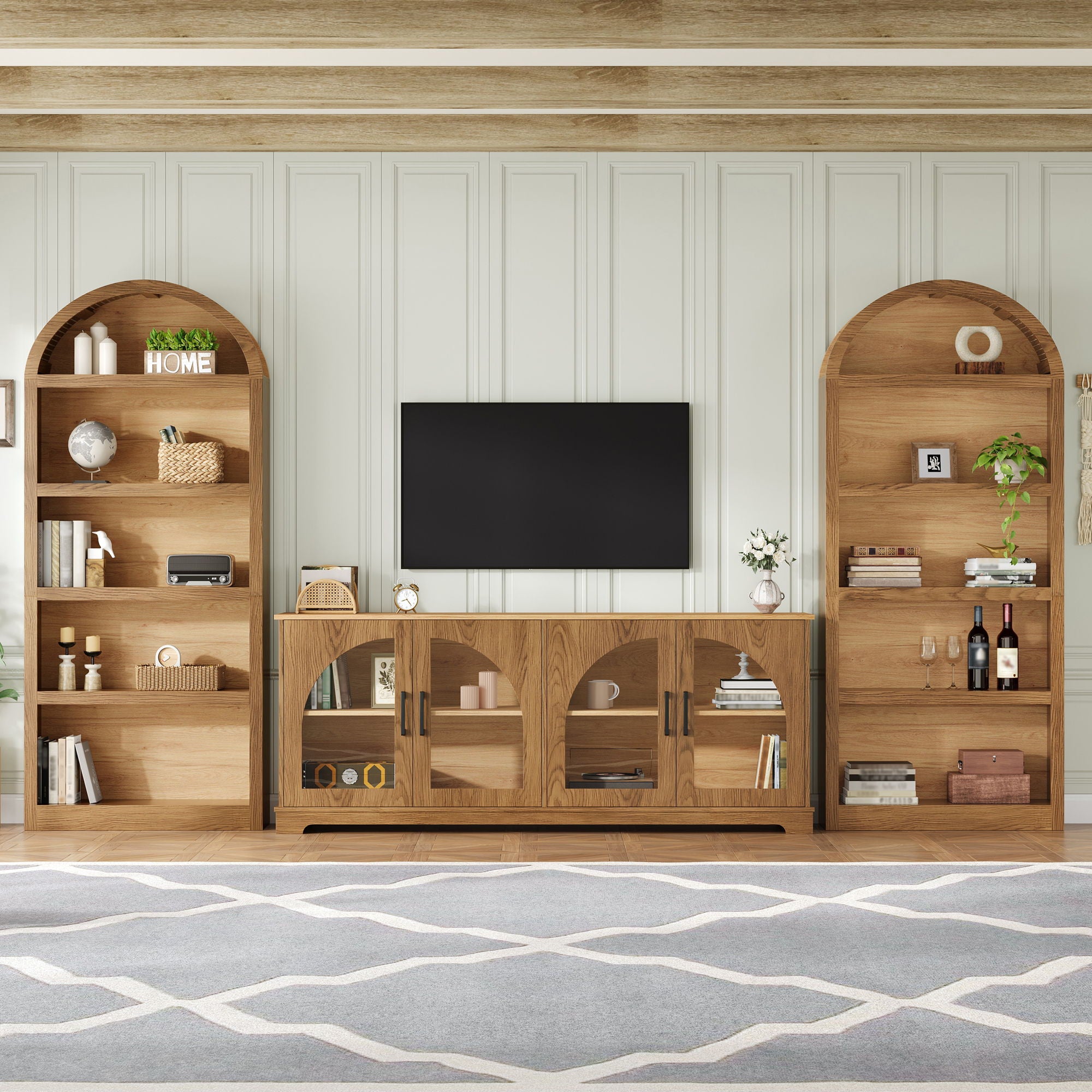 3 Piece TV Stand Set With Bookshelf With Arched Design For Living Room - Brown