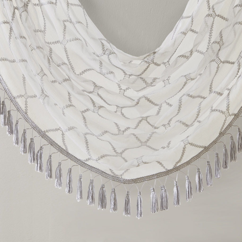 Irina - Diamond Sheer Embroidered Waterfall Valance - White / Gray
