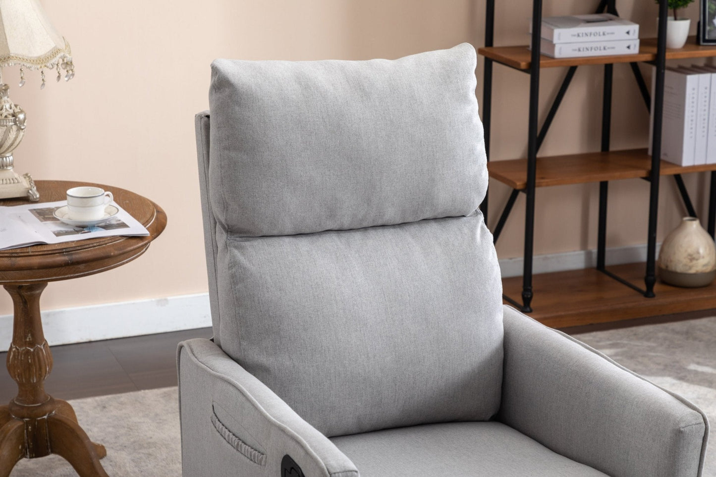 038-Cotton Linen Fabric Swivel Rocking Chair Glider Rocker Recliner Nursery Chair With Adjustable Back And Footrest For Living Room Indoor,Light Gray