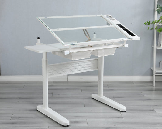 hand crank adjustable drafting table drawing desk with 2 metal drawers (white)WITH STOOL