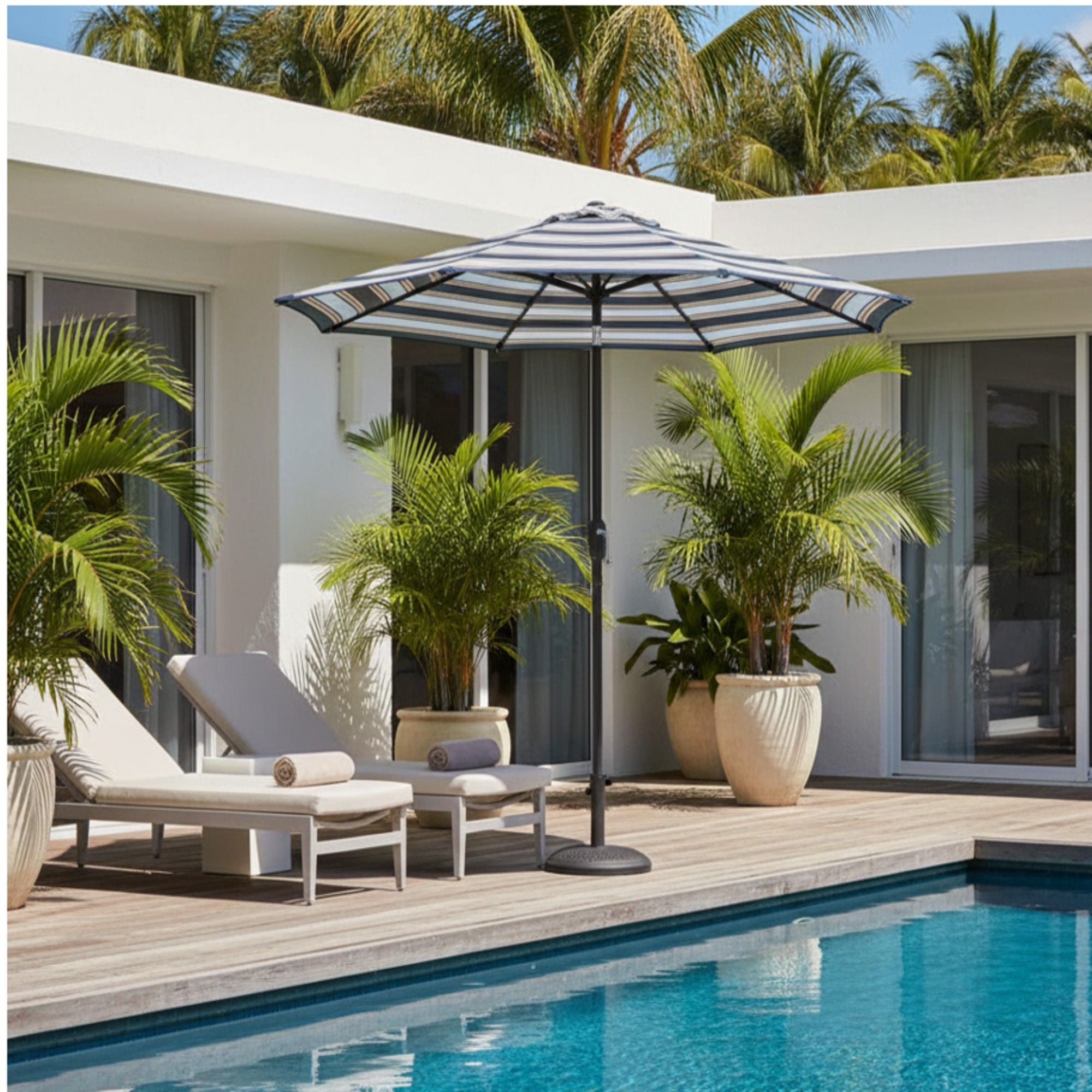 Patio Umbrella With Crank Lift & Push Button Tilt Frame, 200G / Sqm Solution Dyed Canopy - Blue Multi / Brown