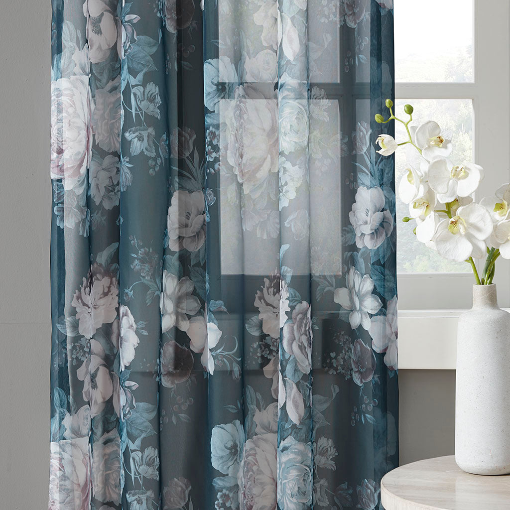 Printed Floral Rod Pocket and Back Tab Voile Sheer Curtain