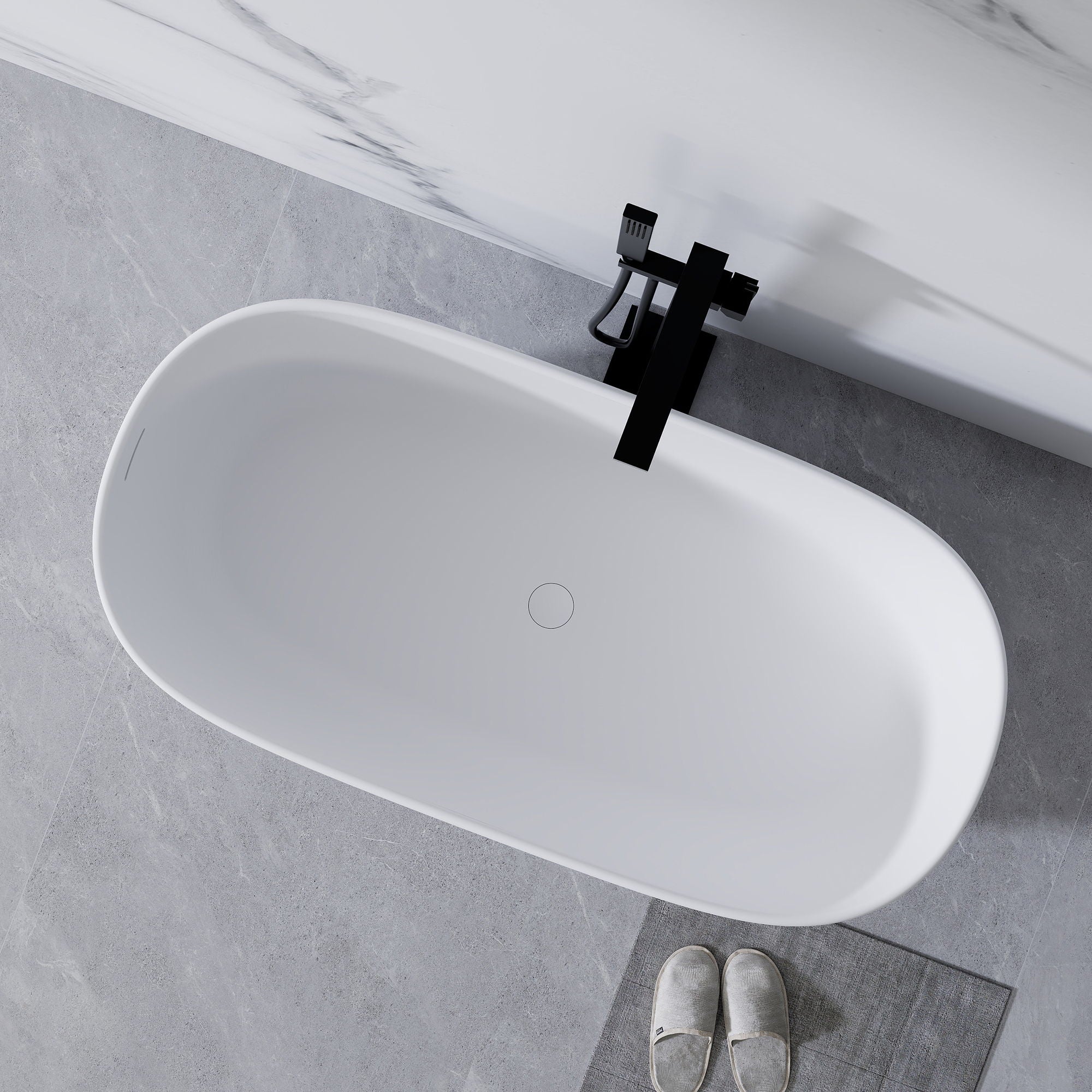 Freestanding Bathtub Resin Stone Soaking Bathtub Solid Surface Modern Tubs With Overflow And Pop-Up Drain - Matte White