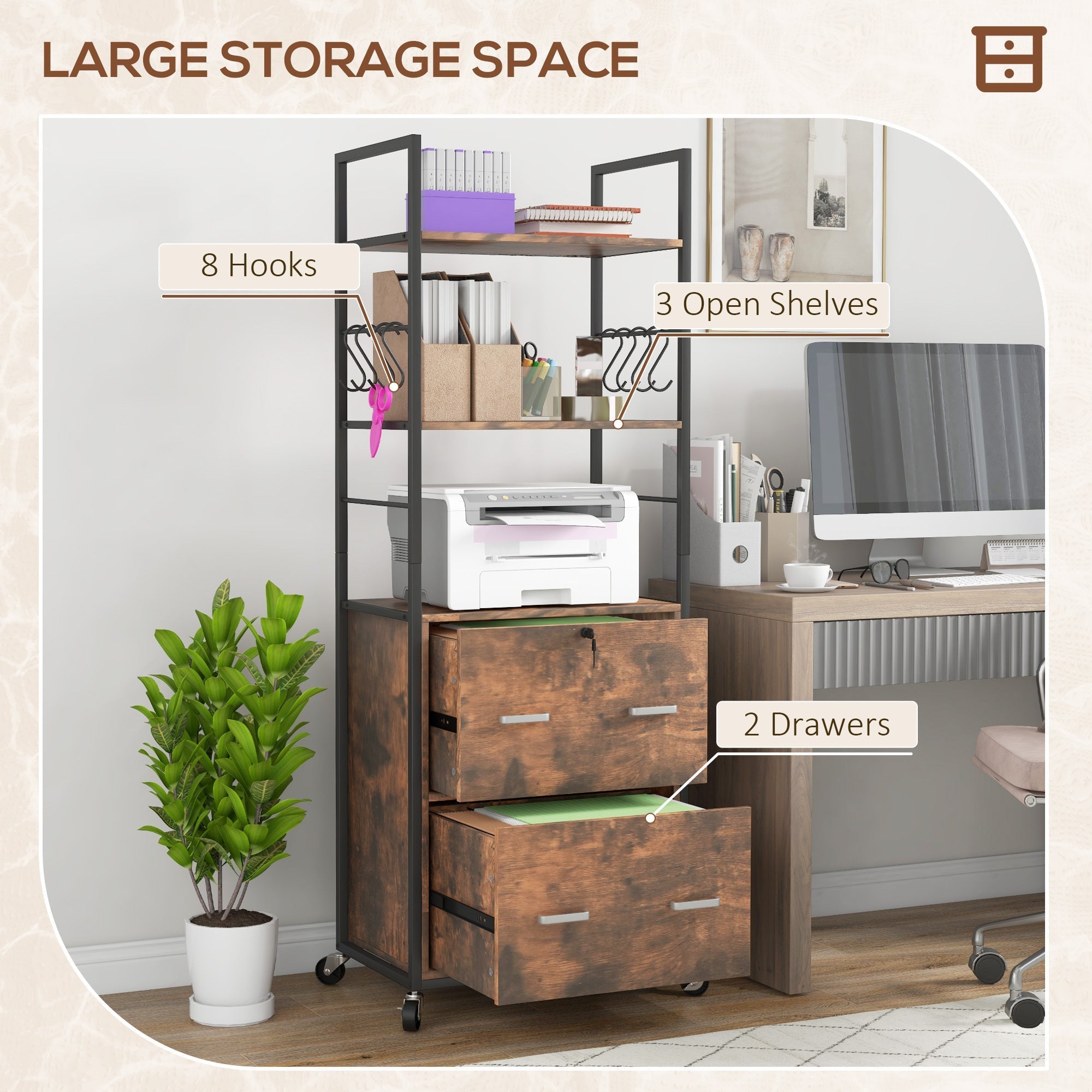 Vinsetto 2 Drawer Mobile File Cabinet with Lock & Hanging Bar, Rustic Brown